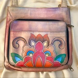 Anuschka hand-painted lotus design crossbody bag